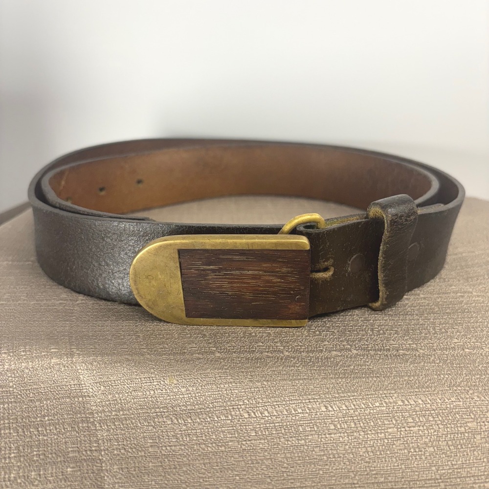 BTS Leather Belt Men 38 Brown Rare Vintage 70s Wood Inlay Solid Brass Buckle USA